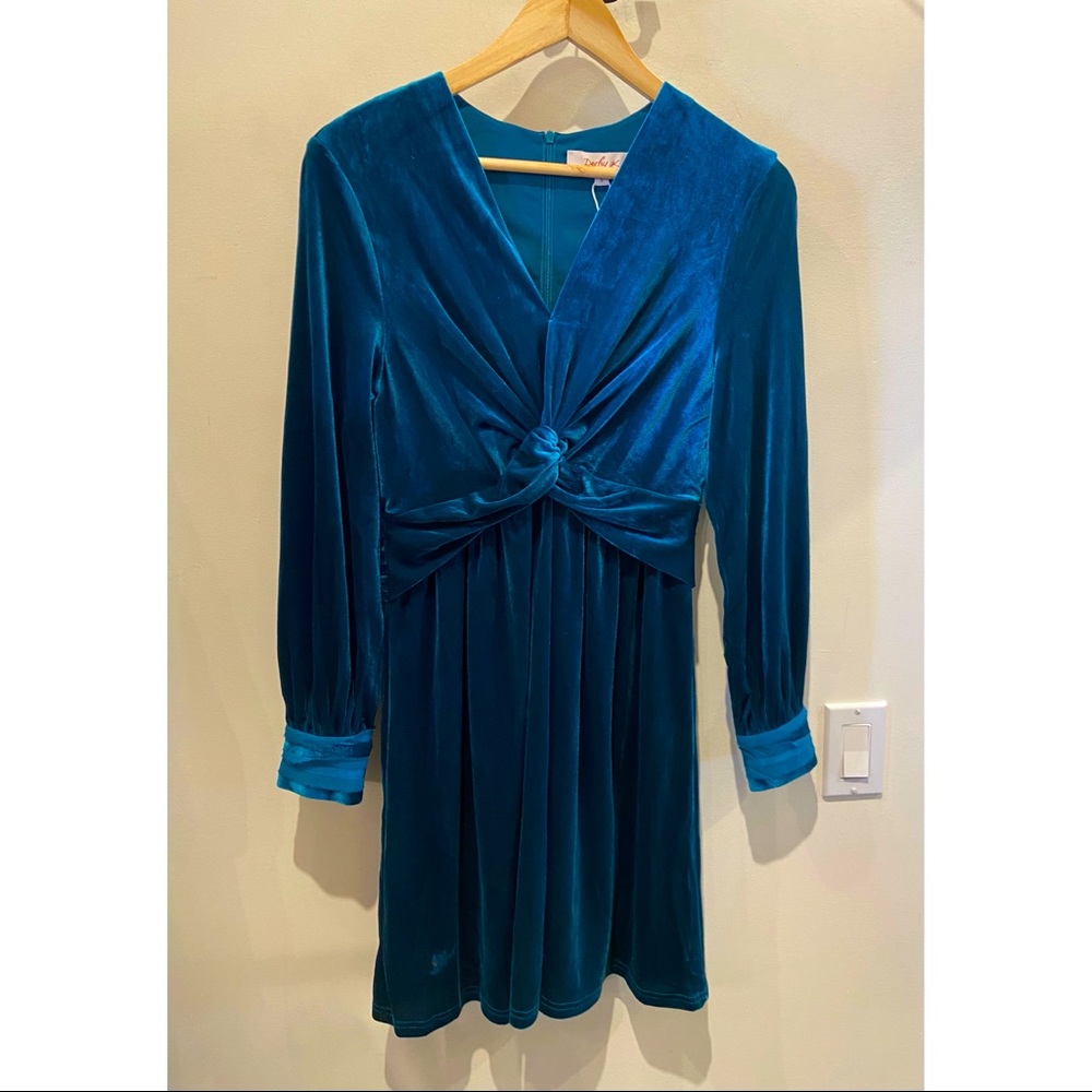 Derhy Velvet Twist Front Dress-Teal